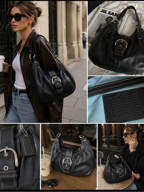 Coach Soho Lynn Hobo F15075 Black Leather Buckle Shoulder Bag Soft Slouchy